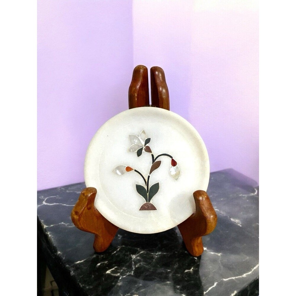 Vtg Alabaster & Mother Of Pearl Floral  Bouquet Trinket Plate Coaster 3.5"